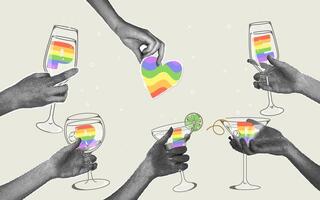 Trendy halftone collage in retro style. Horizontal collage on the theme of pride month. Hands with halftone effect holding different glass drinking glasses and paper cut out heart vector