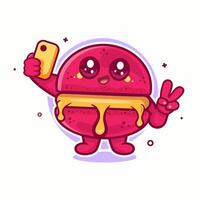 happy macaron food character mascot taking a selfie with a smartphone isolated cartoon vector