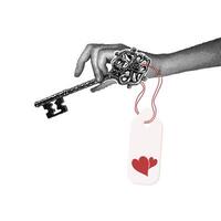 A trendy halftone collage. Key to the heart. A hand holding a beautiful, carved vintage key with a hearts tag. The concept of communication, being able to find the right words for a loved one vector