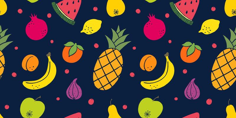 Seamless pattern with hand drawn colorful fruits on a dark blue background. illustration. Perfect for textile design, wallpaper, wrapping paper, and other decorative purposes.