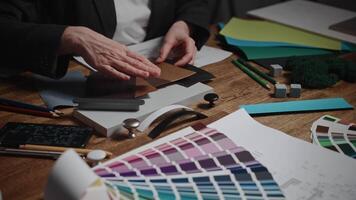 An unrecognizable female architect works in a design studio, developing interior styles. The woman uses material and texture samples, as well as color palettes and furniture, to select color schemes. video