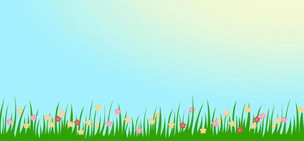 Bright realistic pattern of green grass and spring flowers for decorating Easter cards, banner. vector