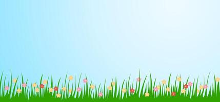 Bright pattern of green grass and spring flowers for Easter or kindergarten concept, banner. vector