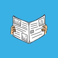 An illustrated depiction of hands holding a newspaper, portrayed against a solid blue background. The sketch highlights simplicity, emphasizing concepts like news, reading, and communication. vector