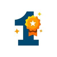 Flat illustration of the number one with a badge symbolizing top priority and exceptional quality. Perfect for representing excellence, high standards, customer satisfaction, or leadership vector