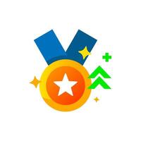 Flat illustration of a medal necklace with upward arrow. user level up in an application or website. for depicting achievements, rewards, progress, or unlocking new benefits in gamification systems vector
