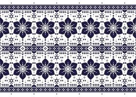 Floral symbols are placed in two rows in front of the board, blue and white color style, ethnic fabric seamless pattern, design for cloth, carpet, batik, wallpaper, wrapping etc. vector