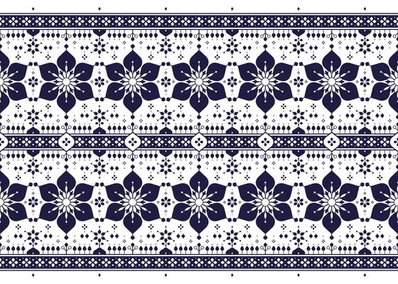 Floral symbols are placed in two rows in front of the board, blue and white color style, ethnic fabric seamless pattern, design for cloth, carpet, batik, wallpaper, wrapping etc.