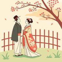 Romantic couple dating in sakura park vector