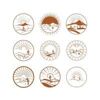 Set of nine desert landscape icons featuring sunbursts, mountains, and cacti. Perfect for branding or design projects with a southwestern theme. vector