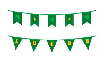 Green decorative banners featuring shamrocks, stars, and LUCKY text elements, displayed on a plain white background, for festive themes vector