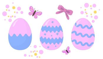 Pastel-colored Easter eggs with patterns, surrounded by butterflies, bow, and bubbles on a white background. Festive holiday concept vector
