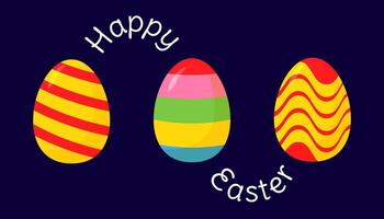 Three colorful Easter eggs with stripes and waves, set against a dark background, with Happy Easter text. Festive holiday concept vector