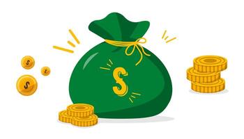 Green money bag tied with a yellow string, surrounded by gold coins on a white background, symbolizing wealth and financial success vector