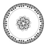 Abstract monochrome arabic frame on black background. Oriental round pattern frame arabesques with large pattern in the center. For circle surfaces, invitations, textiles, engraving, embroidery vector