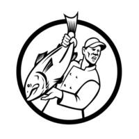 Fishmonger Holding and Selling Fish Inside Circle Mascot Retro Style vector