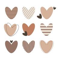 A set of beige, brown hearts with various patterns on a white background. vector