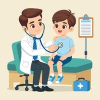 Doctor with a stethoscope examining a boy's chest vector