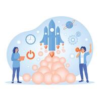 Entrepreneurs launch startup businesses with business technology elements. vector