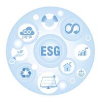 ESG concept illustration with sustainable practices and renewable energy icons. vector