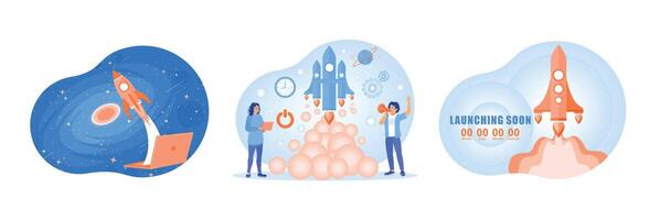 Set of business launch concept illustrations with rockets and business icons. vector
