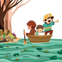 Illustration of a group of children riding a boat on a lake exploring nature. Ideal kids design, for fabric, wrapping, textile, wallpaper, apparel vector