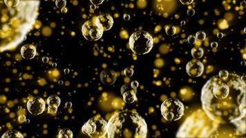 Background of yellow 3D bubbles that fly sharply and quickly near the camera video