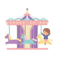 Cute Little Boy Riding at Carousel with Horses or Merry Go Round, Happy Kid Having Fun in Amusement Park Illustration vector