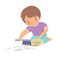 Cute Boy with Brush and Dustpan Sweeping Garbage, Adorable Kid Doing Housework Chores at Home Illustration vector