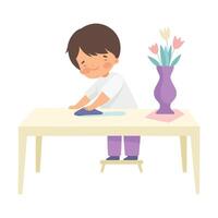 Boy Wiping Table with Rag, Kid Helping With Home Cleanup Illustration vector