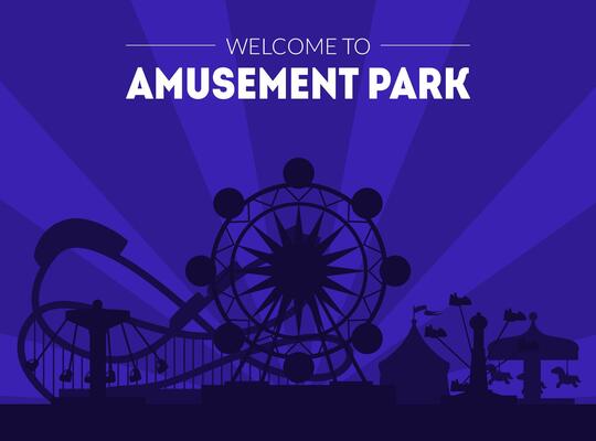 Welcome to Amusement Park Banner Template, Night Carnival Funfair Poster with Ferris Wheel and Roller Coaster Silhouettes Park Attractions Illustration
