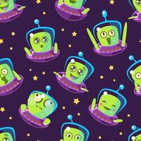 Cute Funny Alien in Spaceship Seamless Pattern, Design Element Can Be Used for Wallpaper, Packaging, Background Illustration vector