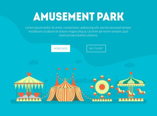 Amusement Park Landing Page Template, Carnival Funfair Banner with Carousels, Ferris Wheel, Circus Tent and Place for Text Illustration