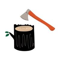 Felled Tree or Stump and Ax, Deforestation, Cutting Down of Trees, Ecological Problem Illustration vector