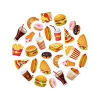 Fast Food Dishes in Circular Shape, Croissant, Donut, Ice Cream, Burger, Popcorn, Hamburger Seamless Pattern Illustration vector