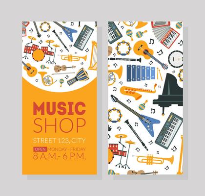 Music Shop Business Card Template with Musical Instruments and Space For Text Illustration