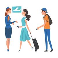 Passengers in Queue Waiting Check at Airport, Airline Representative Checking Ticket Documents Illustration vector