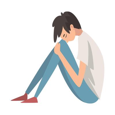 Depressed Boy Sitting on Floor Hugging His Knees, Stressed Teenager, Lonely, Anxious, Abused Boy Having Problems Illustration