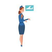Smiling Stewardess Character Wearing Blue Uniform Doing Welcome Gesture Illustration vector