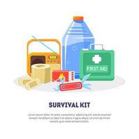 Survival Kit Banner Template with Space for Text, Travel Necessities, First Aid Kit, Radio, Bottle of Water, Radio, Box of Matches Illustration vector