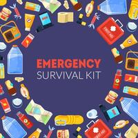 Emergency Survival Kit Banner Template with Travel Necessities Seamless Pattern Illustration vector