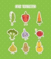 Collection of Fruits and Vegetables Stickers Set, Cabbage, Cucumber, Broccoli, Pepper, Carrot, Garlic, Tomato, Onion, Potato Characters with Funny Faces Illustration vector
