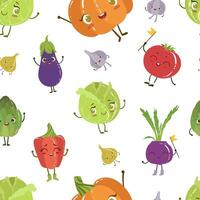 Cute Funny Vegetables Characters Seamless Pattern, Cabbage, Tomato, Eggplant, Pumpkin, Garlic, Artichoke Characters with Funny Faces Illustration vector