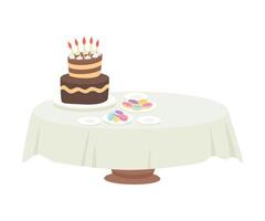 Festive Table with White Tablecloth Setting with Chocolate Cake with Candles and Macaroons Illustration vector