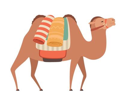 Camel with Bridle and Saddle, Desert Animal with Load, Side View Illustration vector