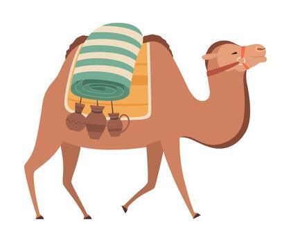 Camel, Two Humped Desert Animal Walking with Load, Side View Illustration vector