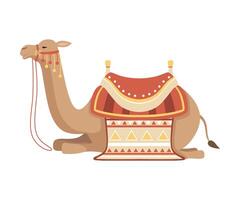 Lying Camel, Two Humped Desert Animal with Bridle and Saddle Decorated with Ethnic Ornament Illustration vector