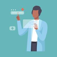 Male Doctor Working with Hand Touching Interface, Professional Medical Worker Character in Lab Coat, Future Virtual Technology, Healthcare Diagnostic Illustration vector