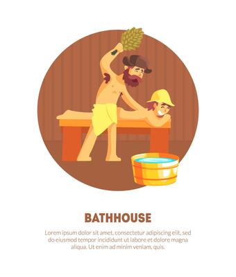Russian Bathhouse Banner Template with Place for Text, Male Attendant Hitting Man Who Laying on Bench with Bunch of Birch Tree Twigs Illustration