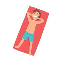 Cute Boy Sunbathing on Beach Towel, Top View of Smiling Lying Boy in Blue Shorts Illustration vector